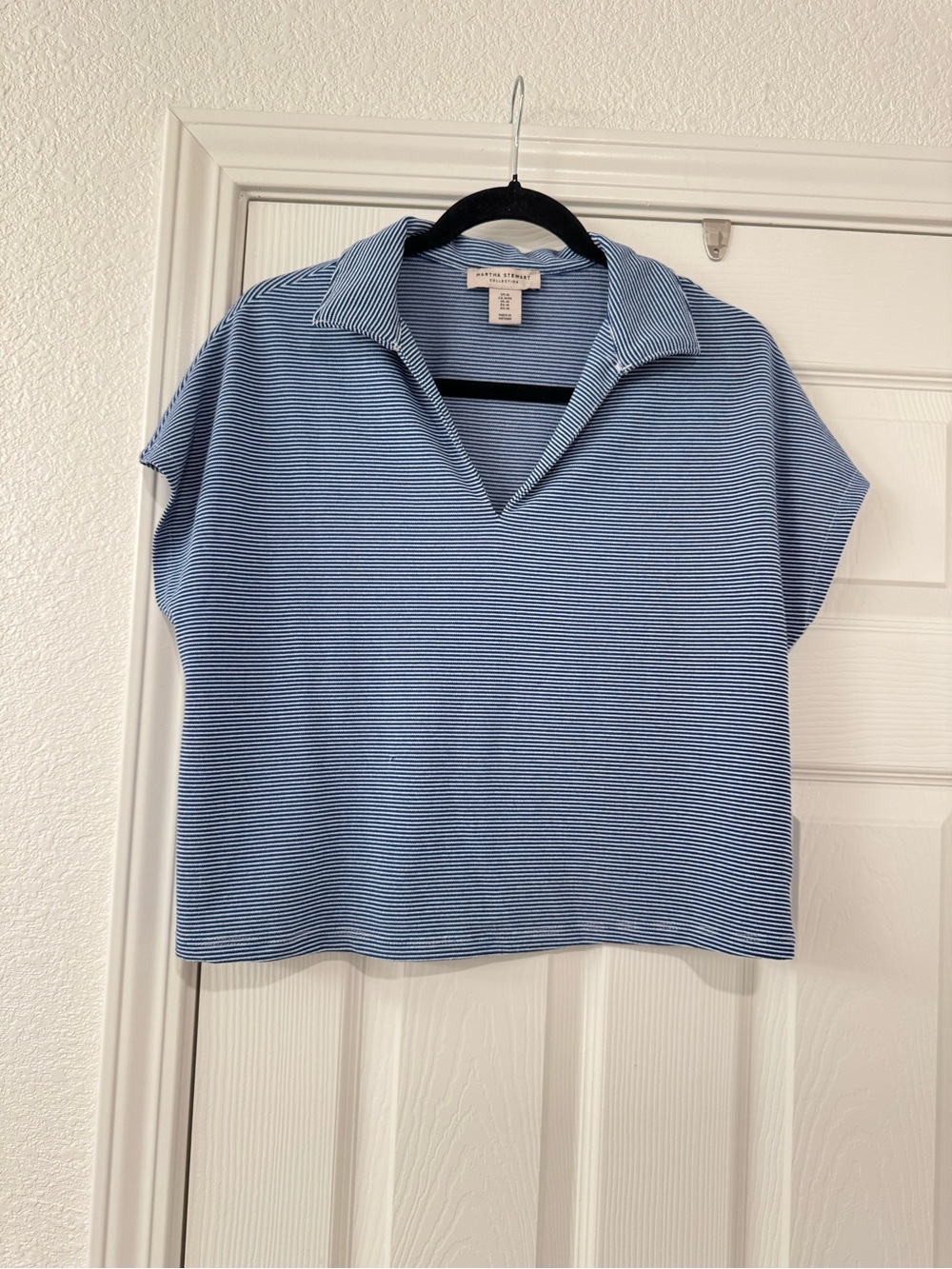 Martha Stewart Blue and White Microstripe Collared V-Neck Top - Picture 1 of 3
